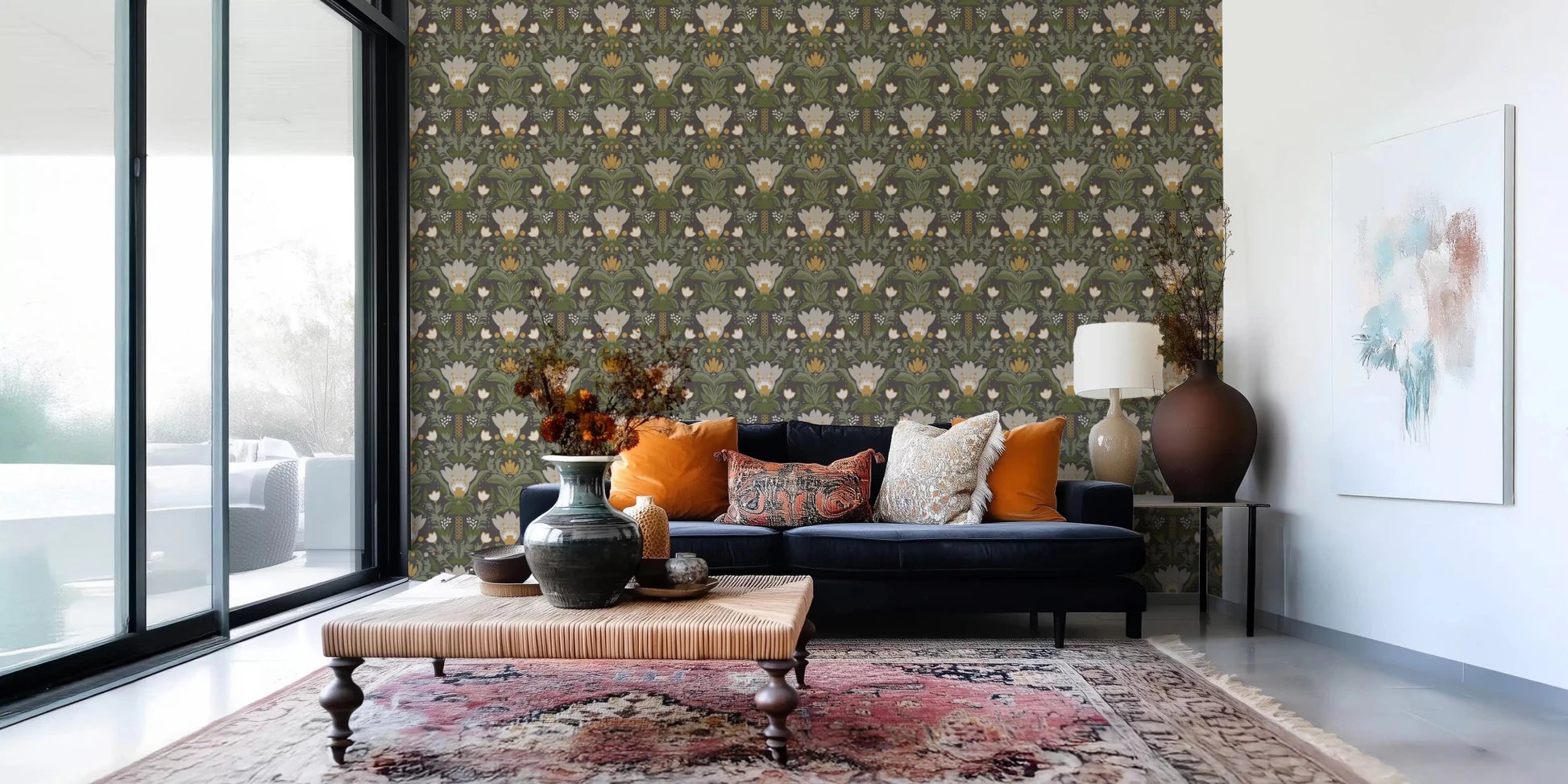 Botanical Pattern wallpaper with cream blossoms on a deep brown ground
