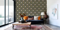Botanical Pattern wallpaper with cream blossoms on a deep brown ground