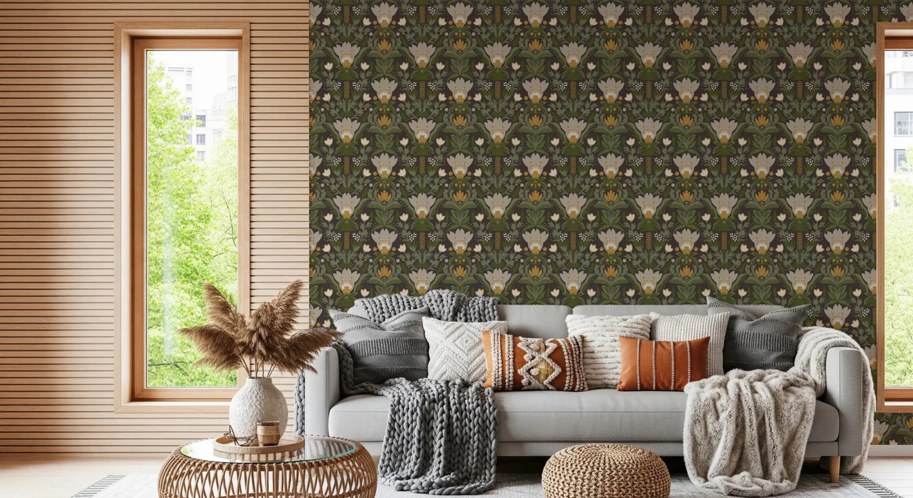 Scandinavian Folk Art Floral Garden – Earthy Botanical Pattern with Sage Green Leaves, Cream Flowers and Mustard Gold Accents on Dark Brown Wallpaper⁠