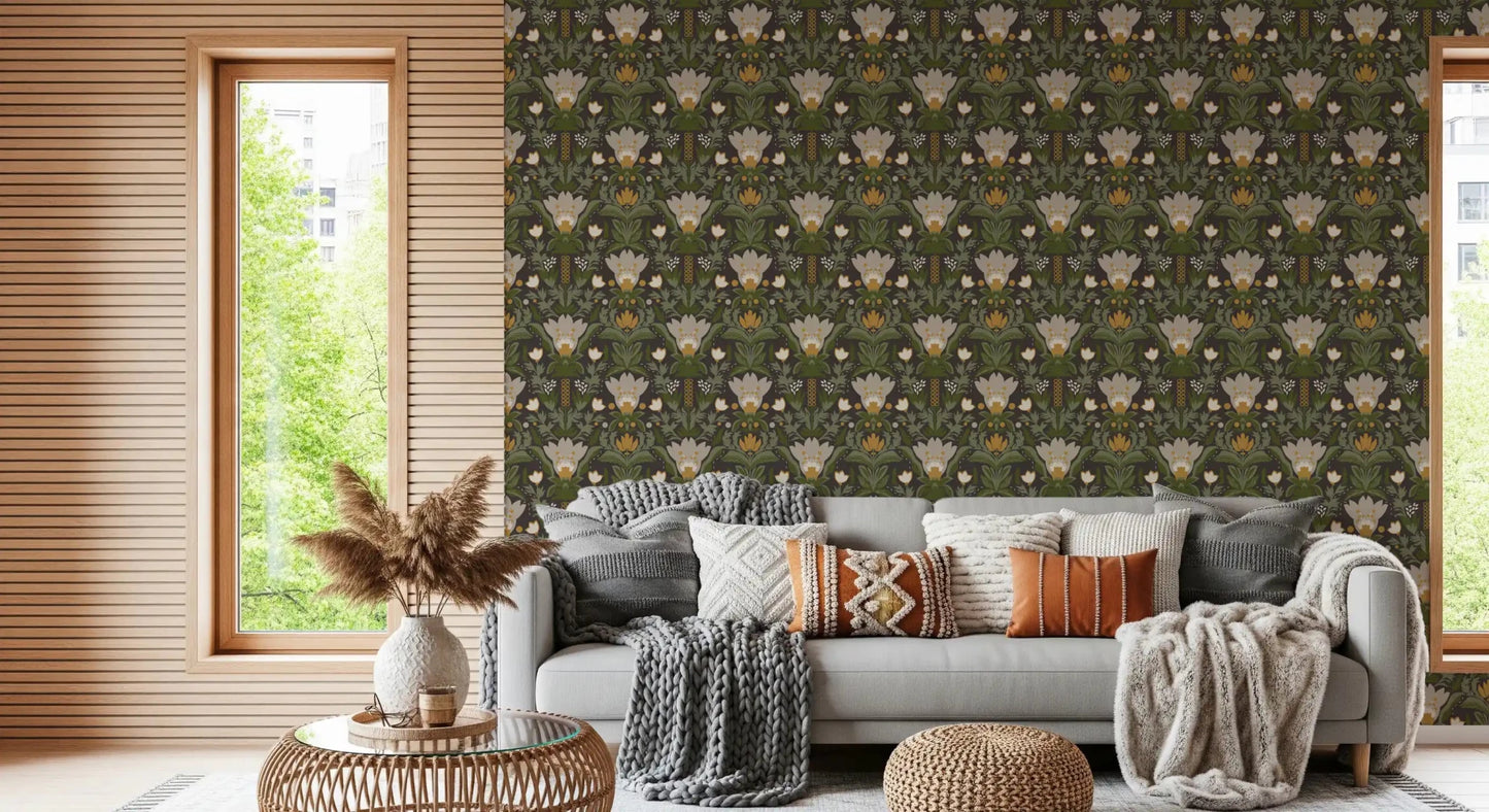 Hallway Folk Art Floral wallpaper in earthy brown with mustard botanical accents