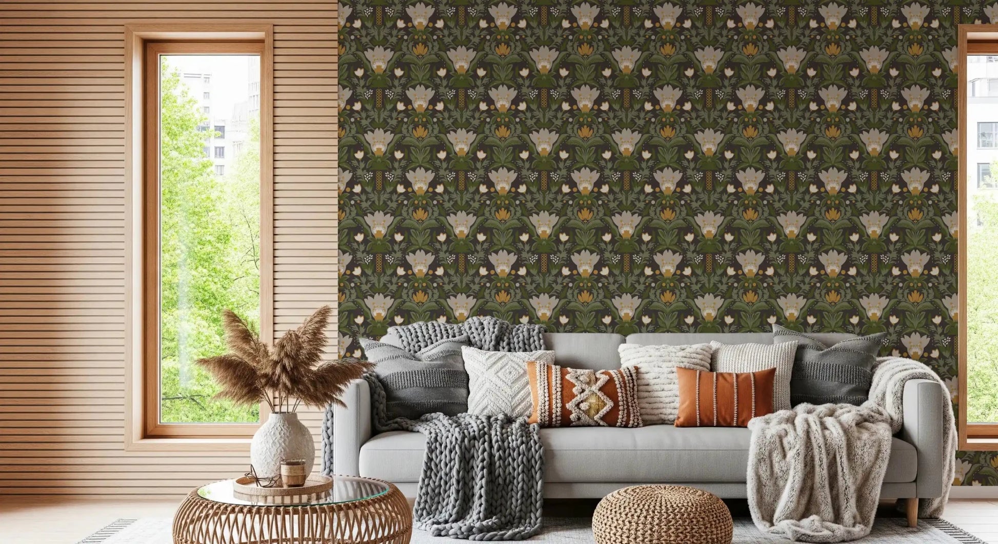 Hallway Folk Art Floral wallpaper in earthy brown with mustard botanical accents