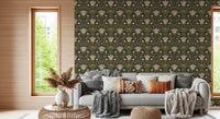 Hallway Folk Art Floral wallpaper in earthy brown with mustard botanical accents