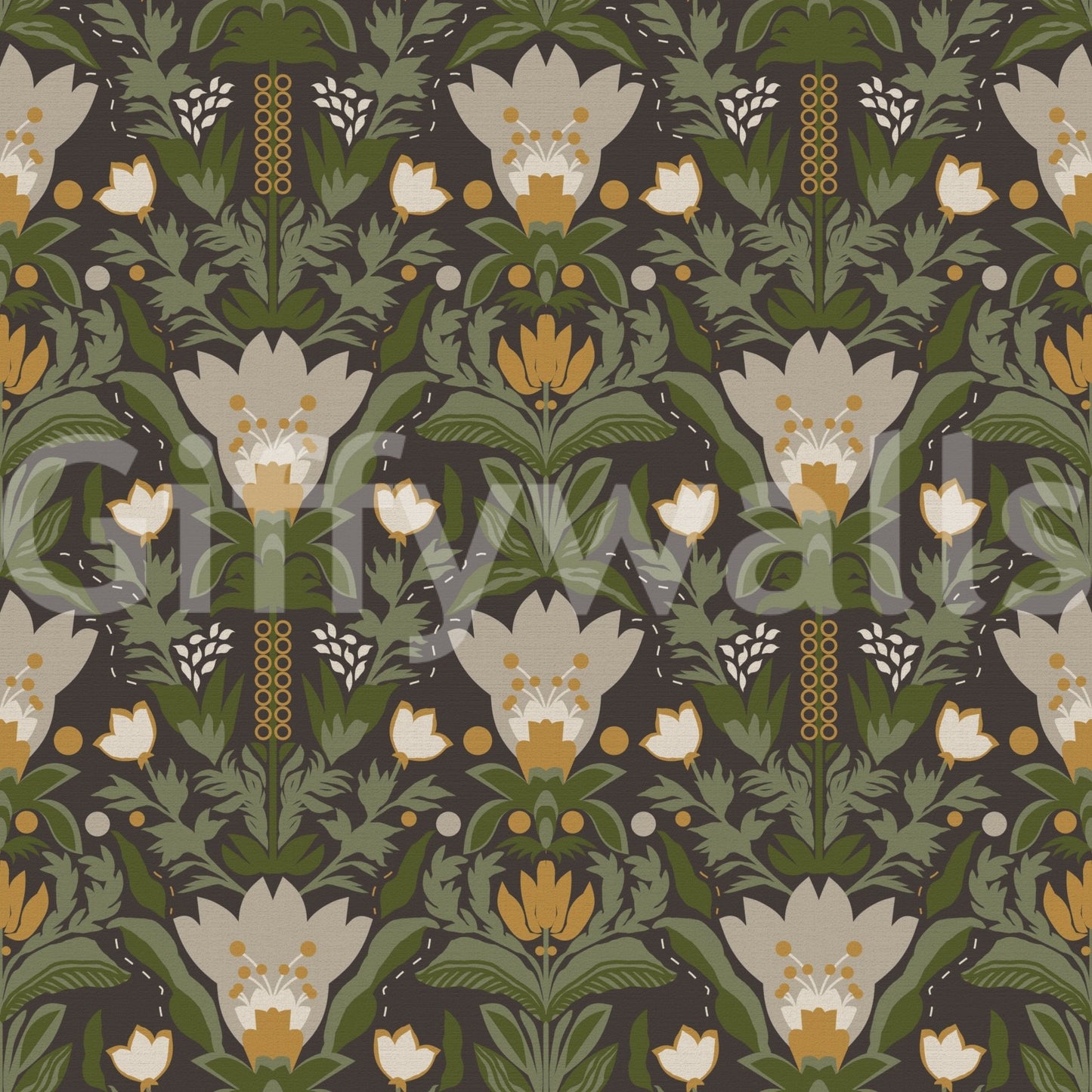 Folk Garden wallpaper with mustard accents and sage botanical layers