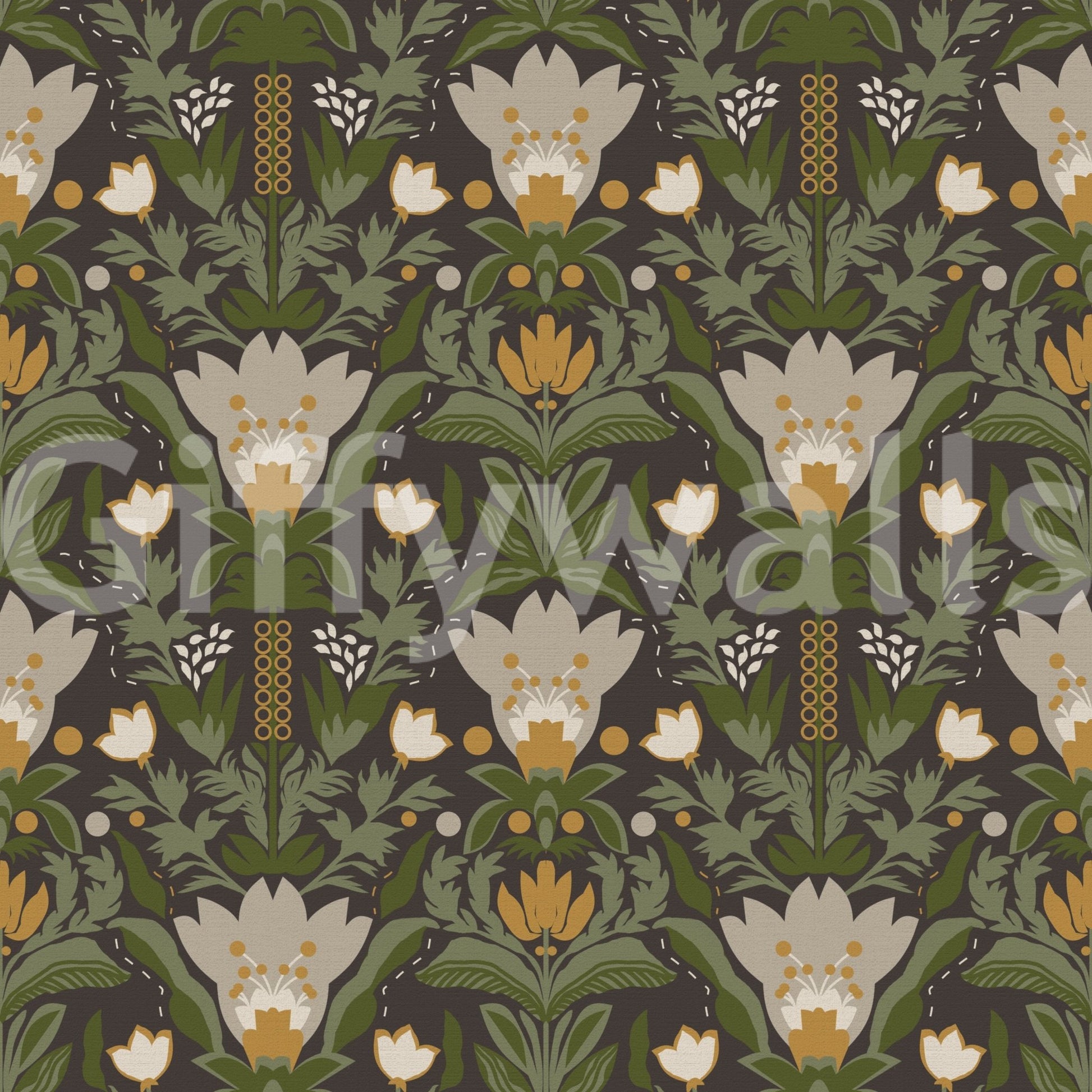 Folk Garden wallpaper with mustard accents and sage botanical layers