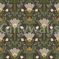 Folk Garden wallpaper with mustard accents and sage botanical layers