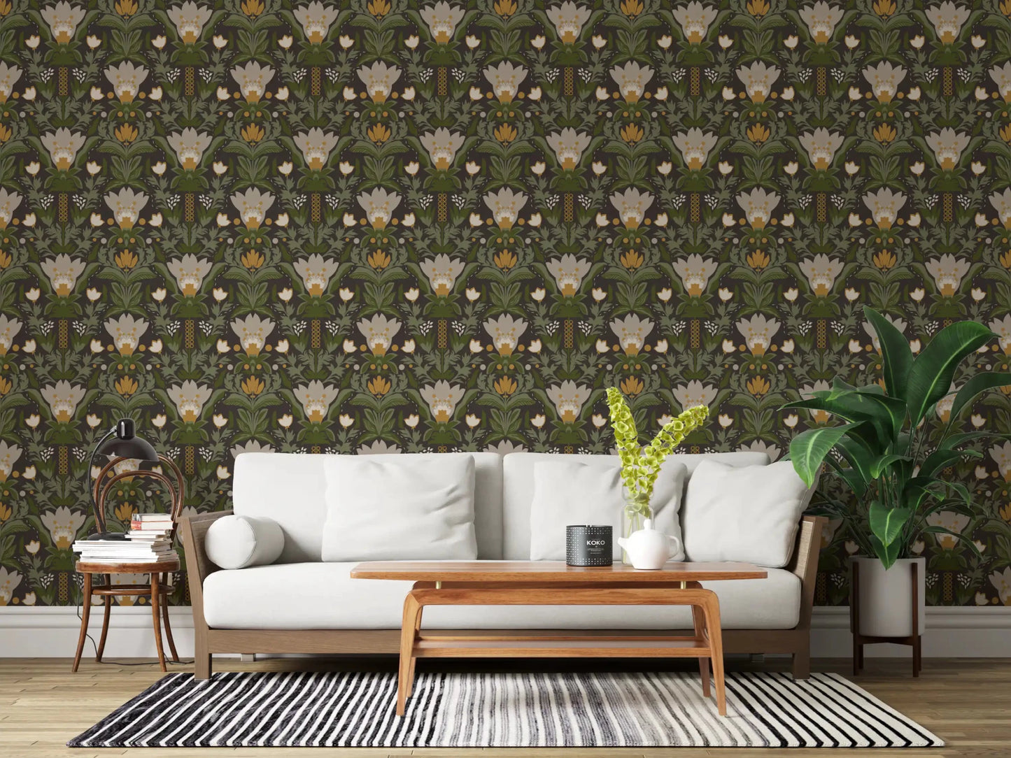 Office home Floral Garden wallpaper with cream blooms and layered sage green leaves