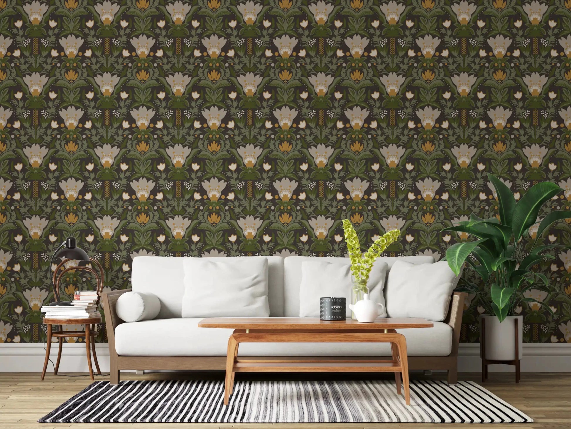 Office home Floral Garden wallpaper with cream blooms and layered sage green leaves