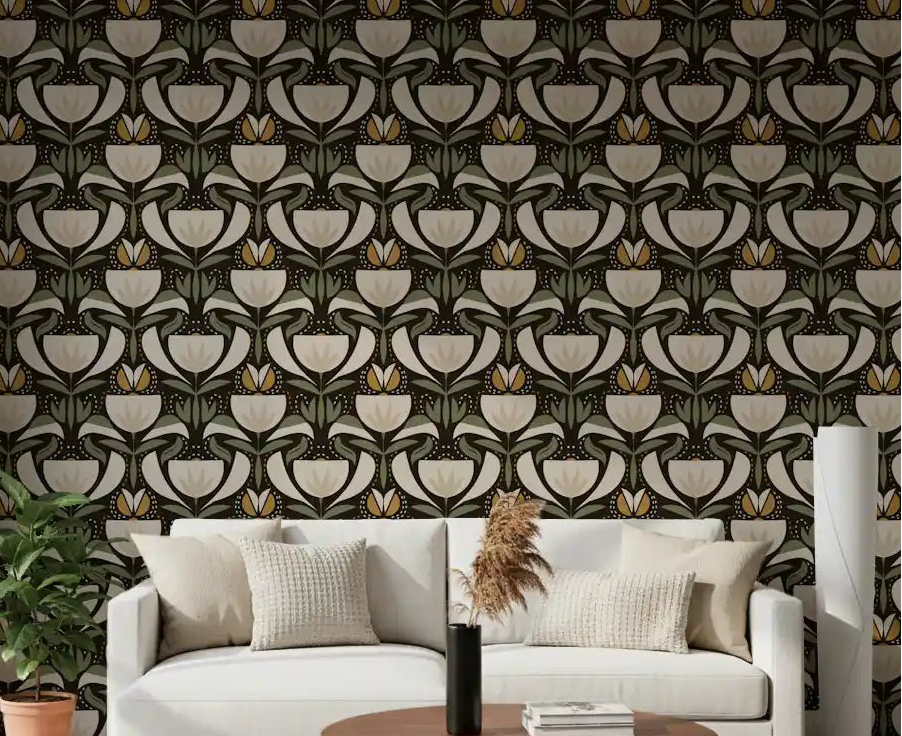 Office Vintage Nature Design wallpaper with sage green leaf pattern, GD9057