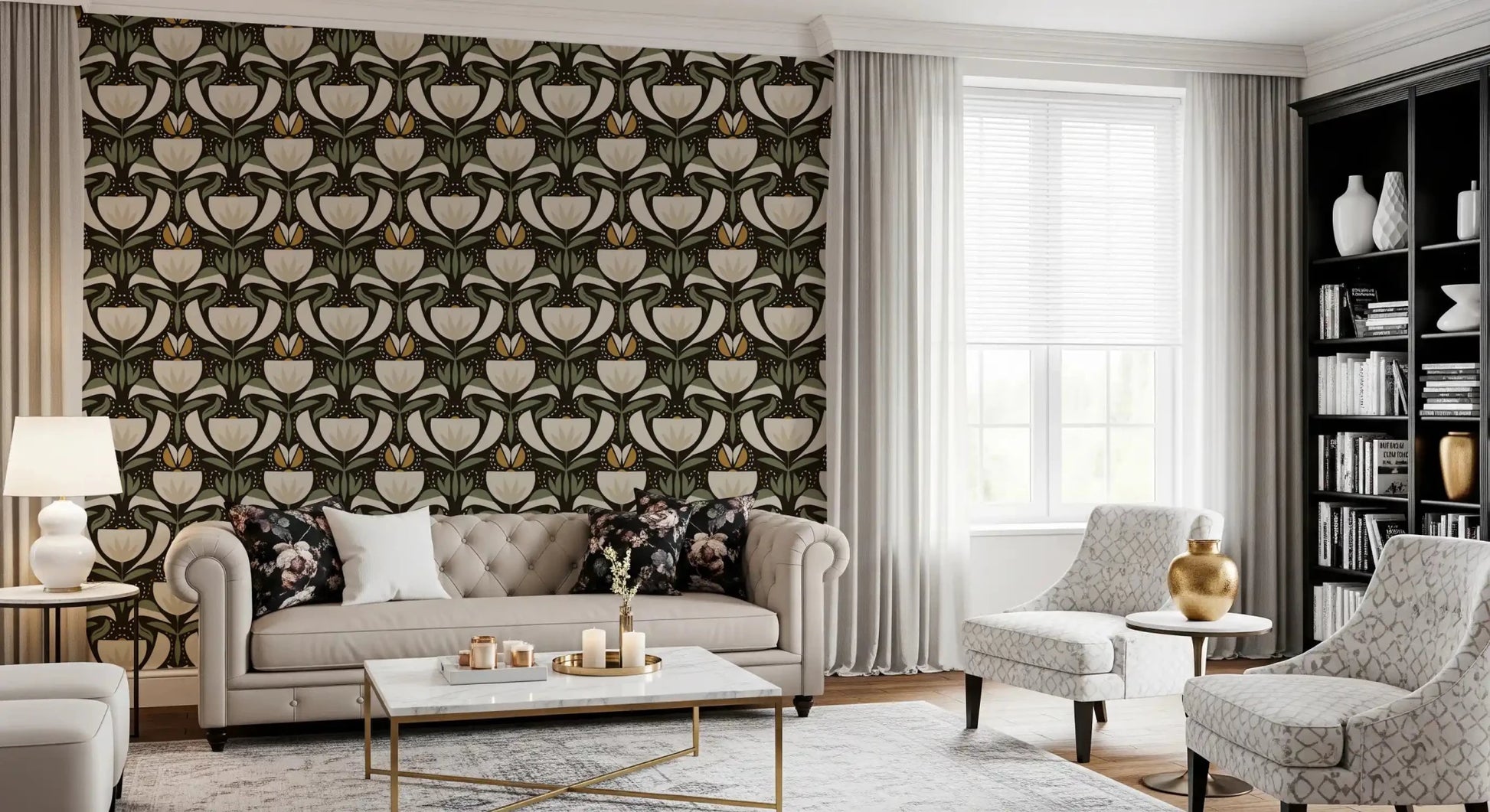 Sage Green Leaves wallpaper with mustard gold dotted detailing