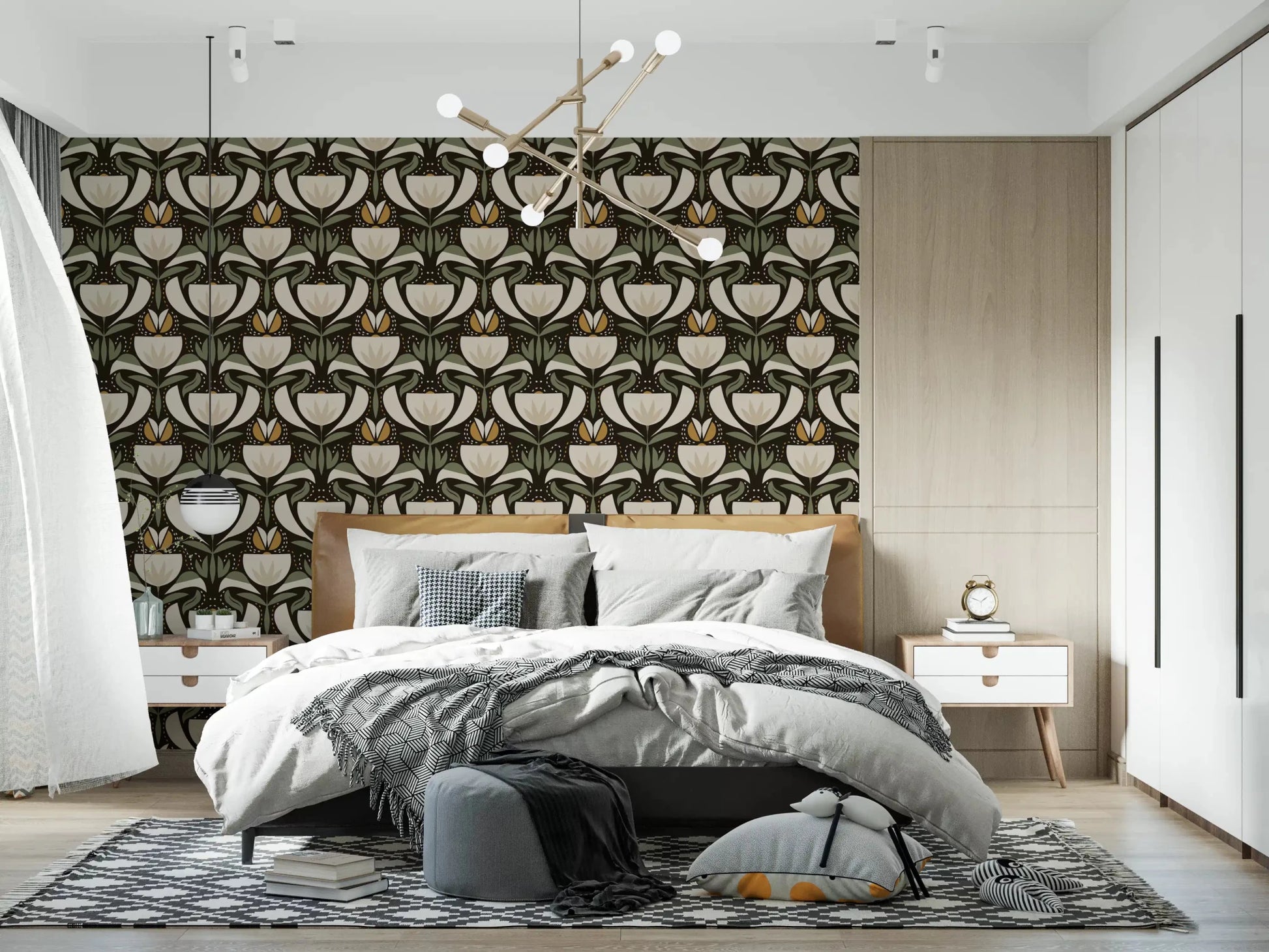 Earthy Botanical Pattern wallpaper with cream tulip forms and symmetry