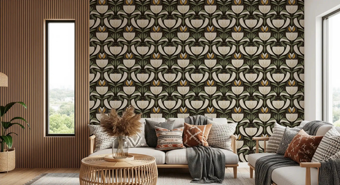 Vintage Floral Garden wallpaper with balanced leaf and bloom pattern