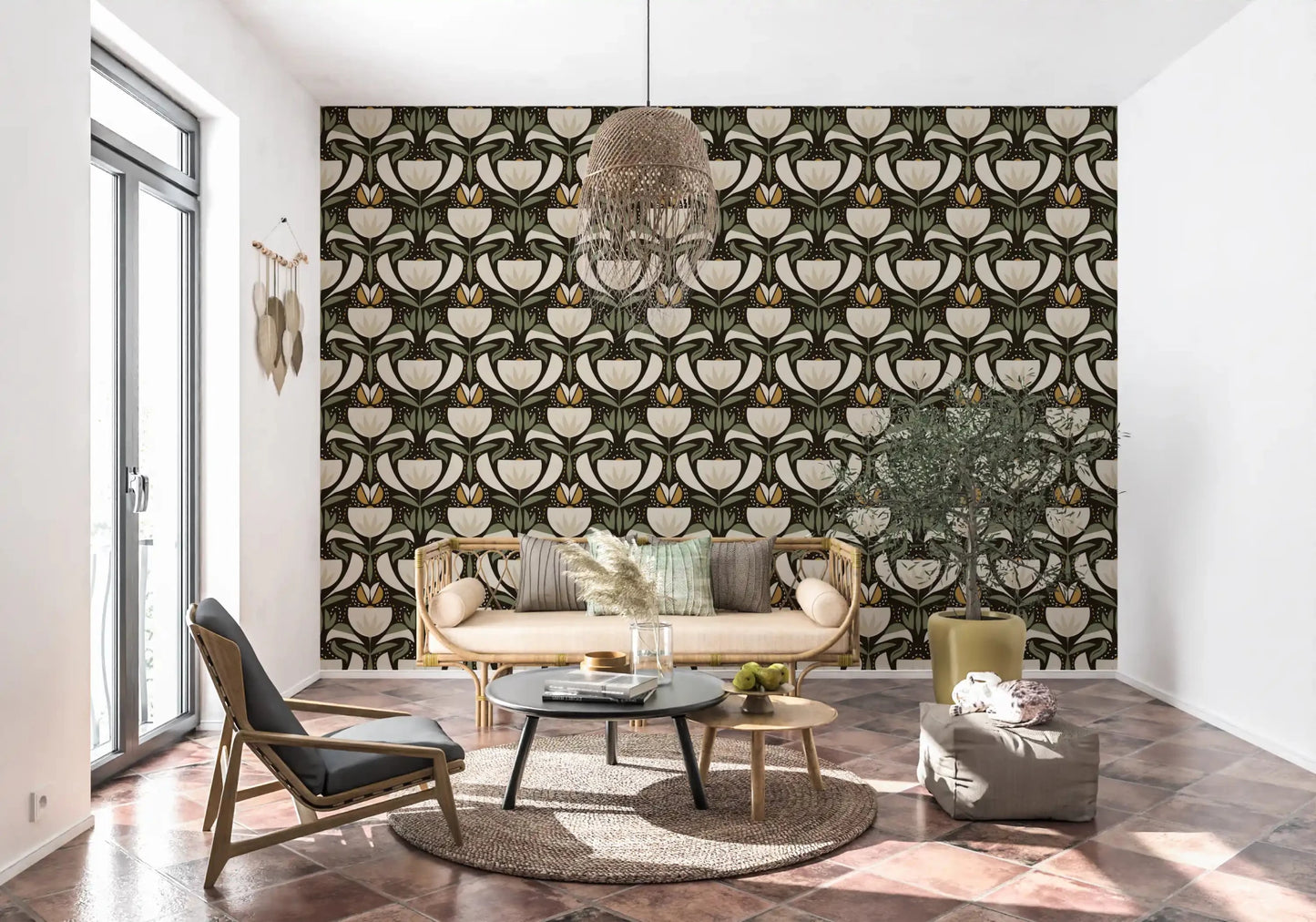 Living room Scandinavian Garden wallpaper in earthy botanical styling