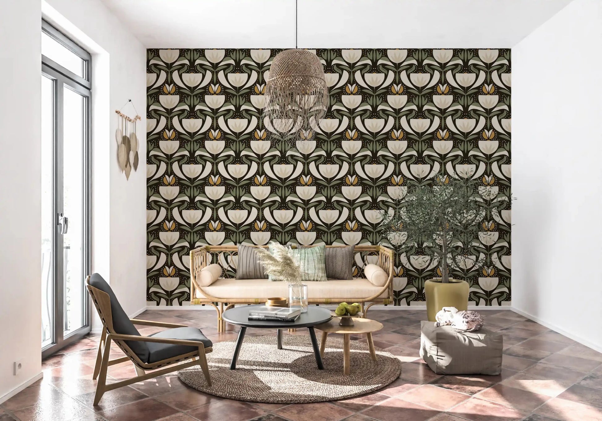 Living room Scandinavian Garden wallpaper in earthy botanical styling
