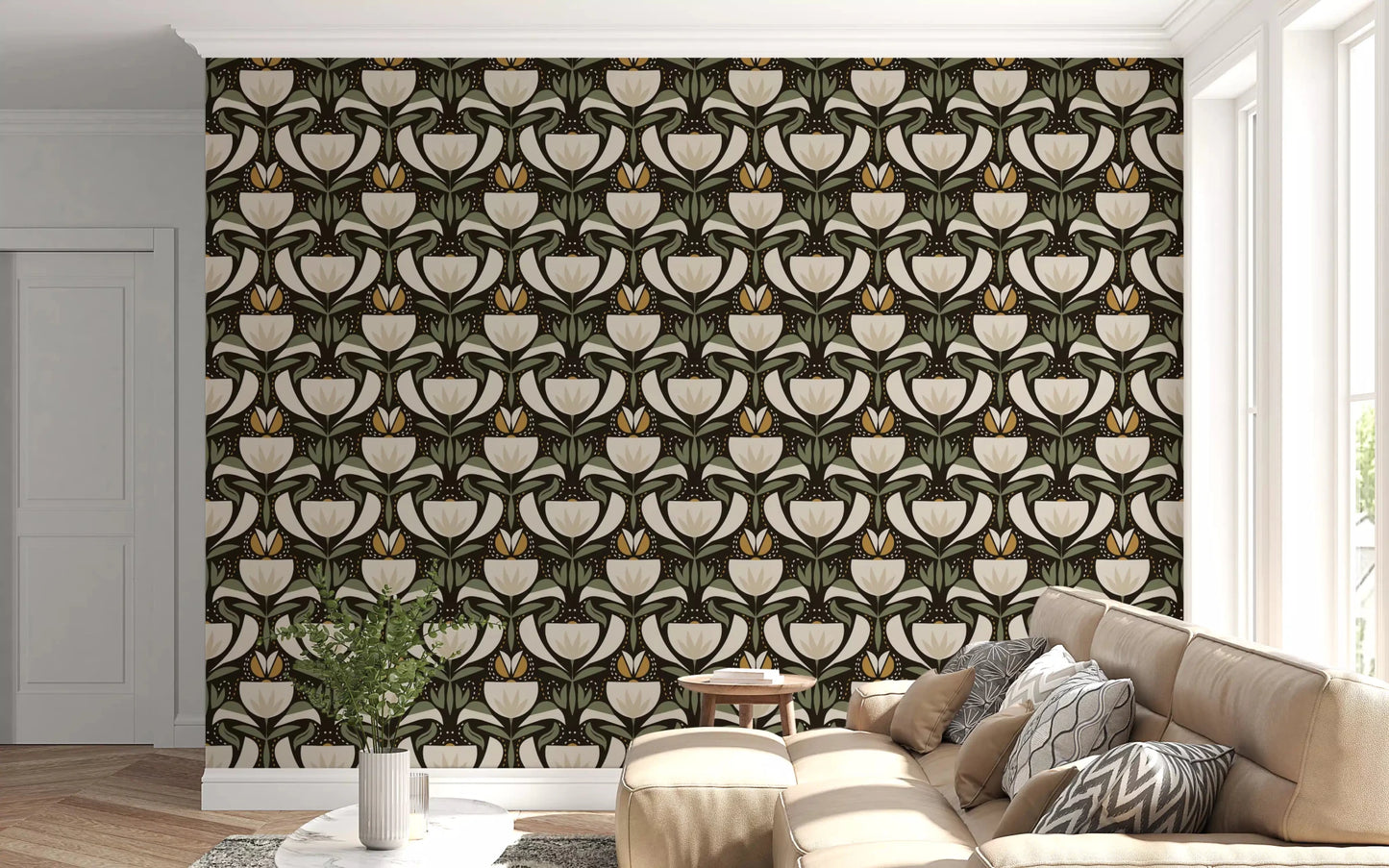 Hallway Folk Art Floral wallpaper in sage leaves and mustard accents