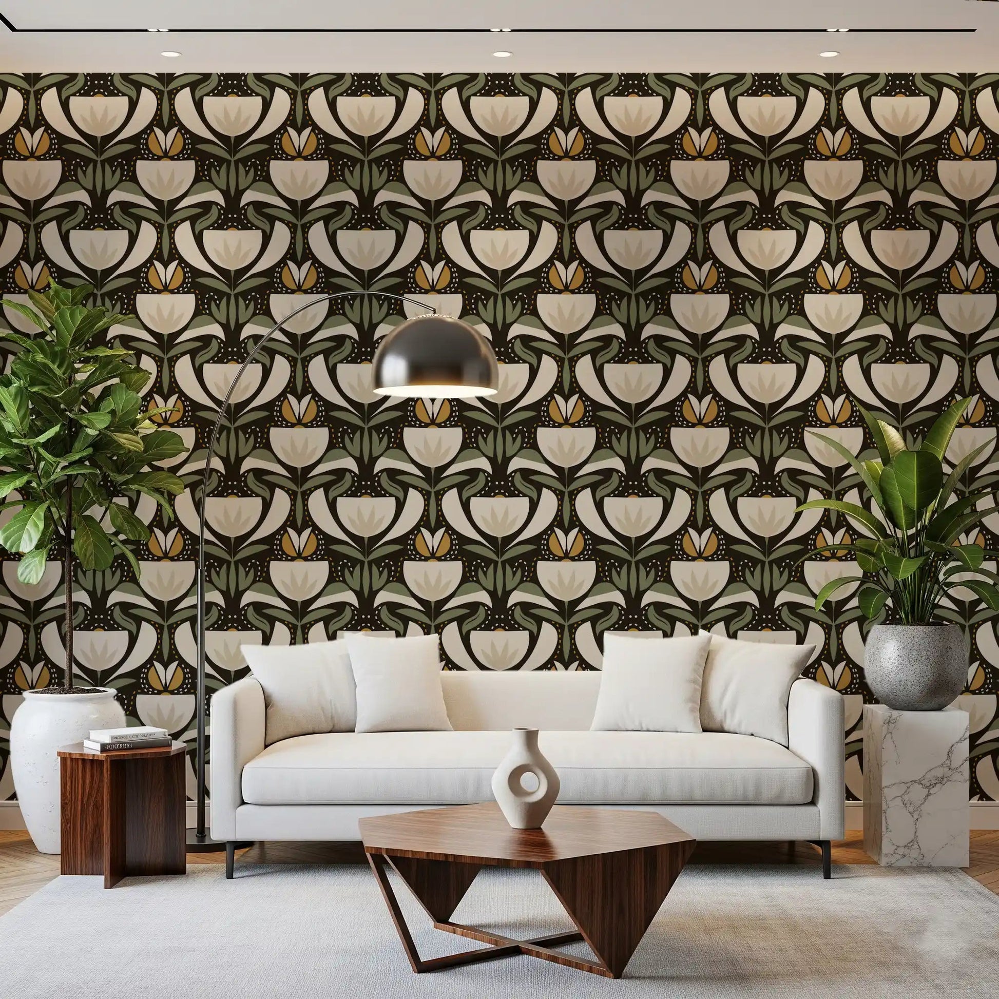 Home office Floral Garden wallpaper with symmetrical cream flower design