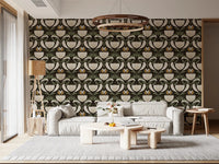 Living room Scandinavian Folk Art wallpaper with cream floral vintage pattern