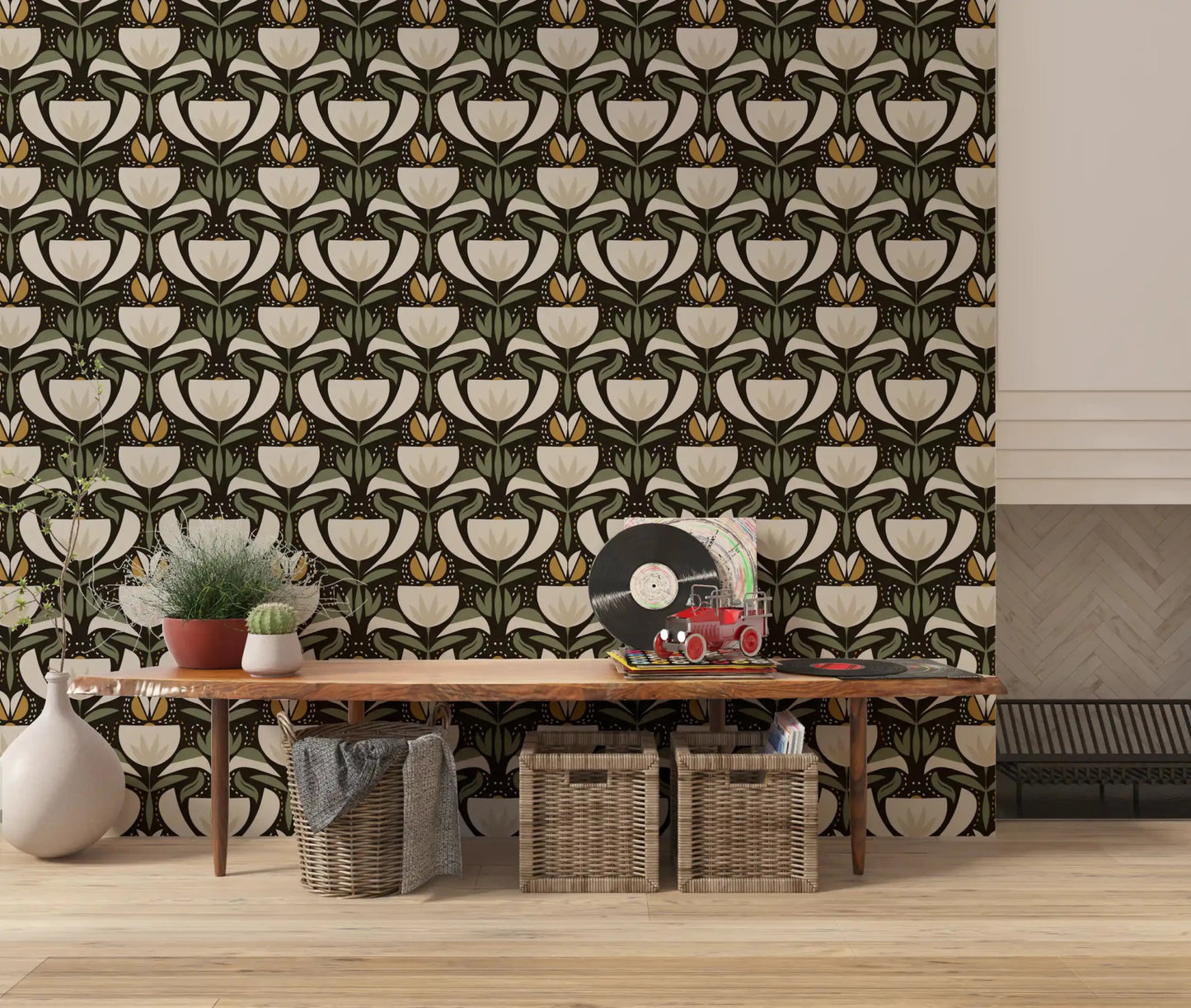 Scandinavian Folk wallpaper with dark background and botanical rhythm
