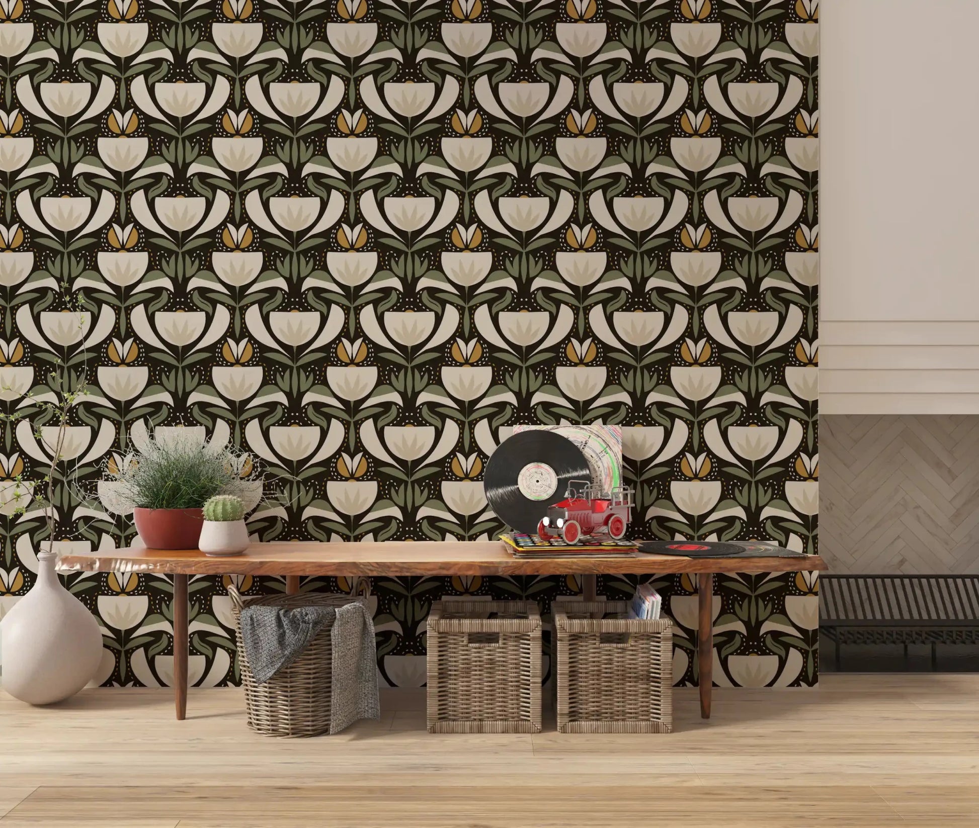 Scandinavian Folk wallpaper with dark background and botanical rhythm
