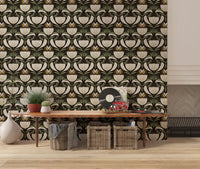 Scandinavian Folk wallpaper with dark background and botanical rhythm