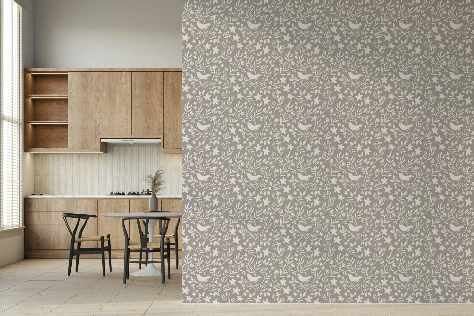 Beautiful Scandinavian pattern, soft gray bird and foliage wallpaper design.