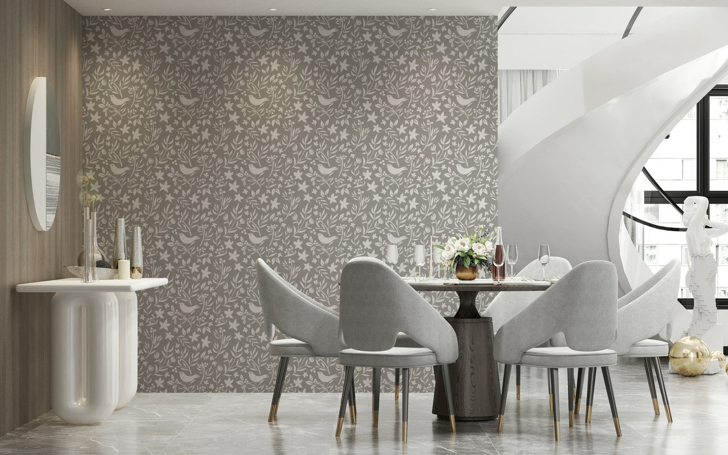 Minimalist Scandinavian design, peaceful bird and flower pattern wallpaper.