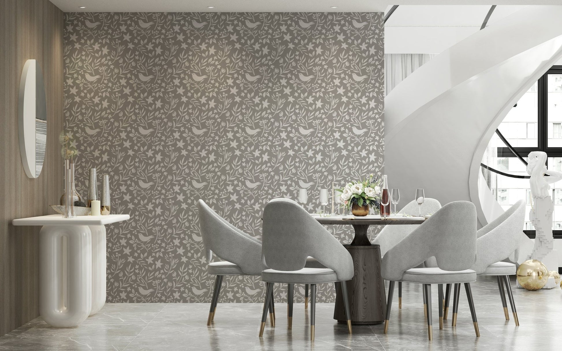 Minimalist Scandinavian design, peaceful bird and flower pattern wallpaper.
