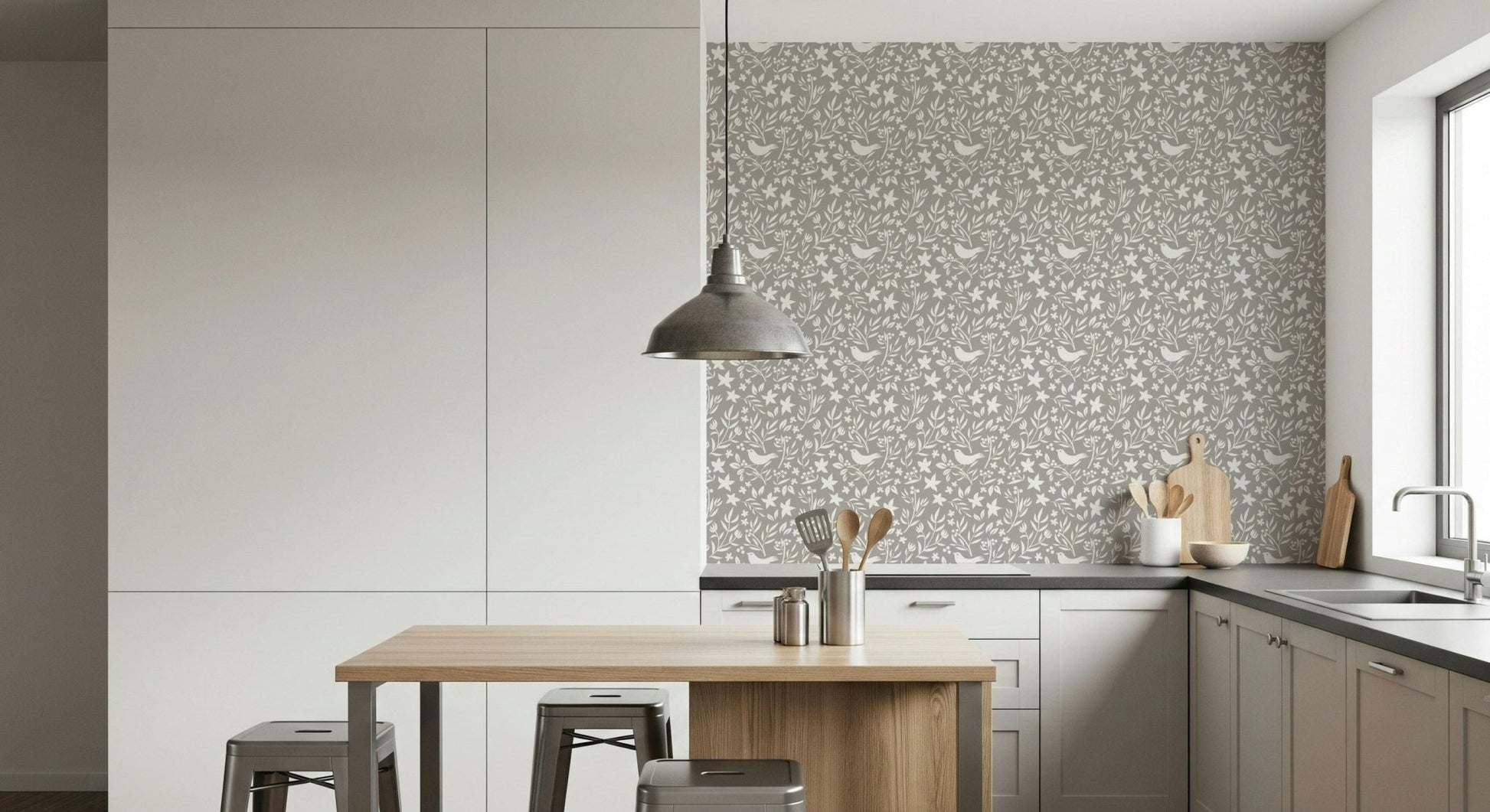Charming Folk Bird Botanical Theme, neutral taupe repeat pattern mural.