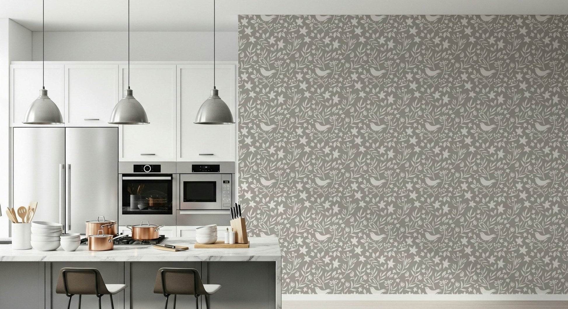 Folk Bird Botanical Theme in calming gray, detailed natural motif mural.
