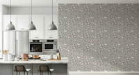Folk Bird Botanical Theme in calming gray, detailed natural motif mural.