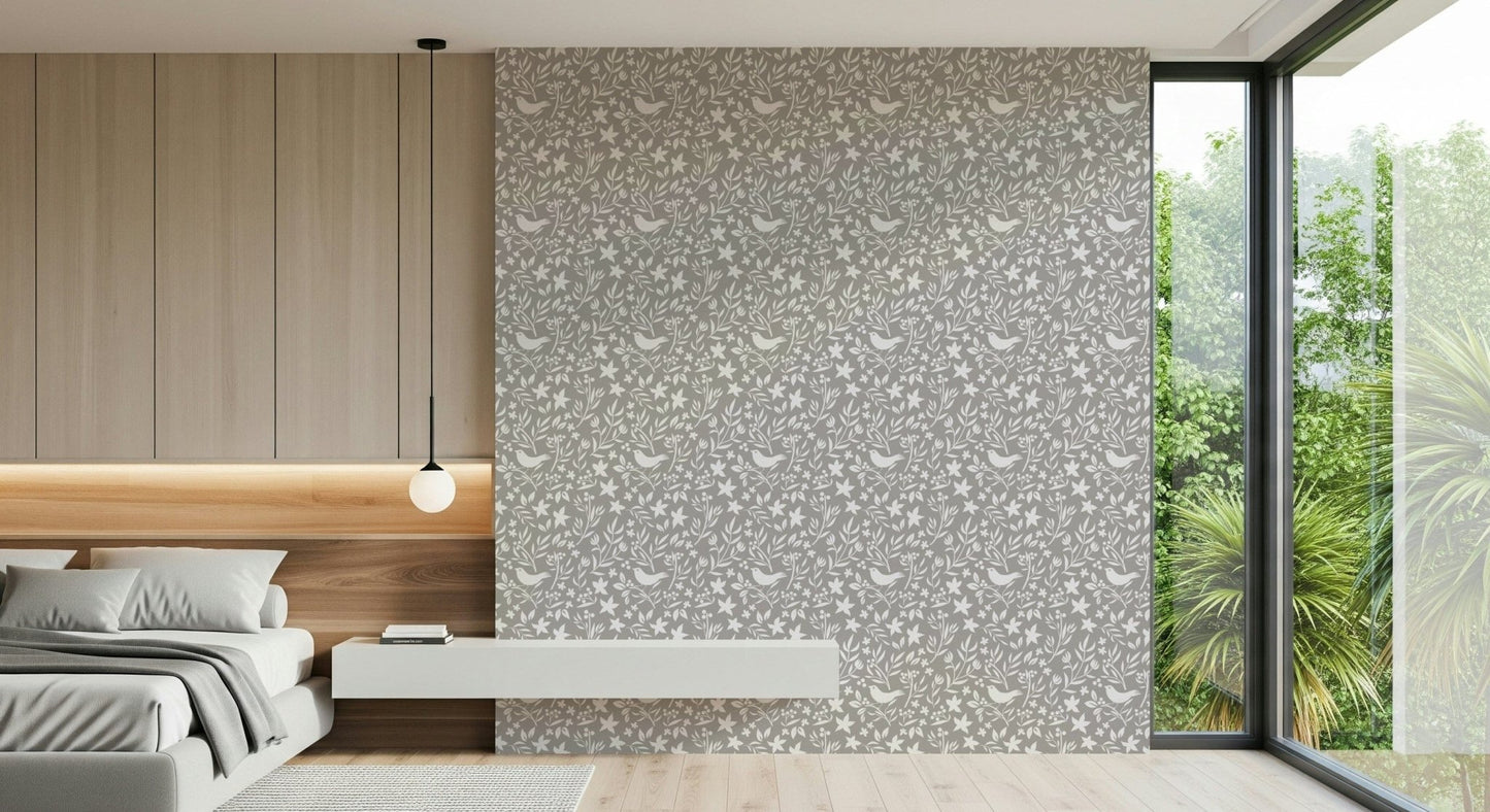Serene gray Scandinavian decor, enchanting nature pattern, graphic wallpaper.