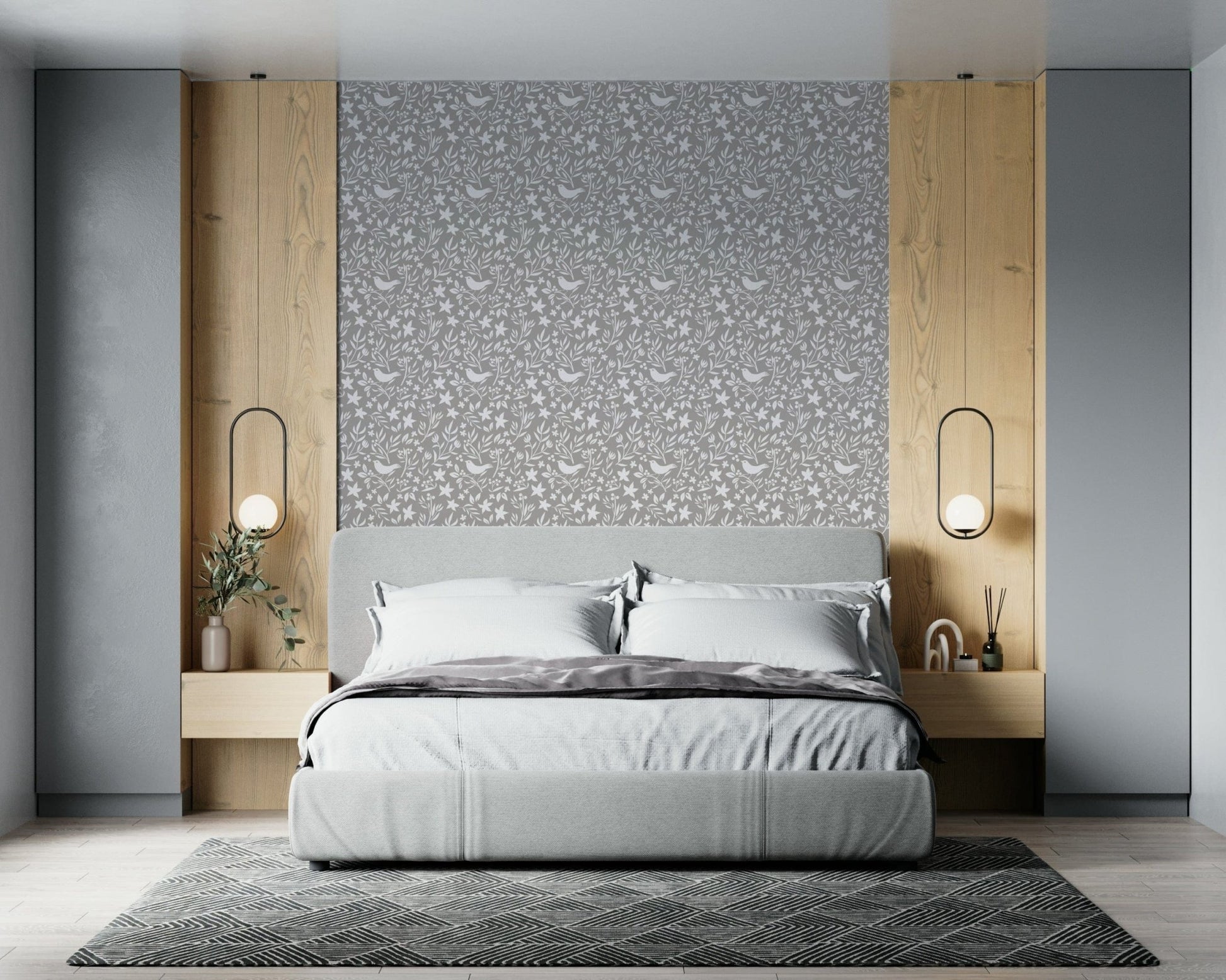 Cozy Scandinavian style wallpaper, serene two-tone gray, inviting atmosphere.