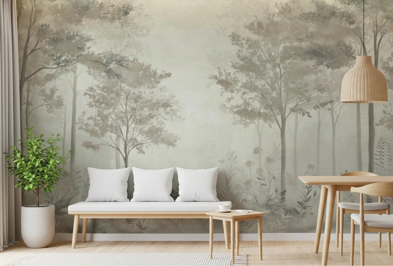 Calm living room styled with Scandinavian forest wall mural and soft neutral tones