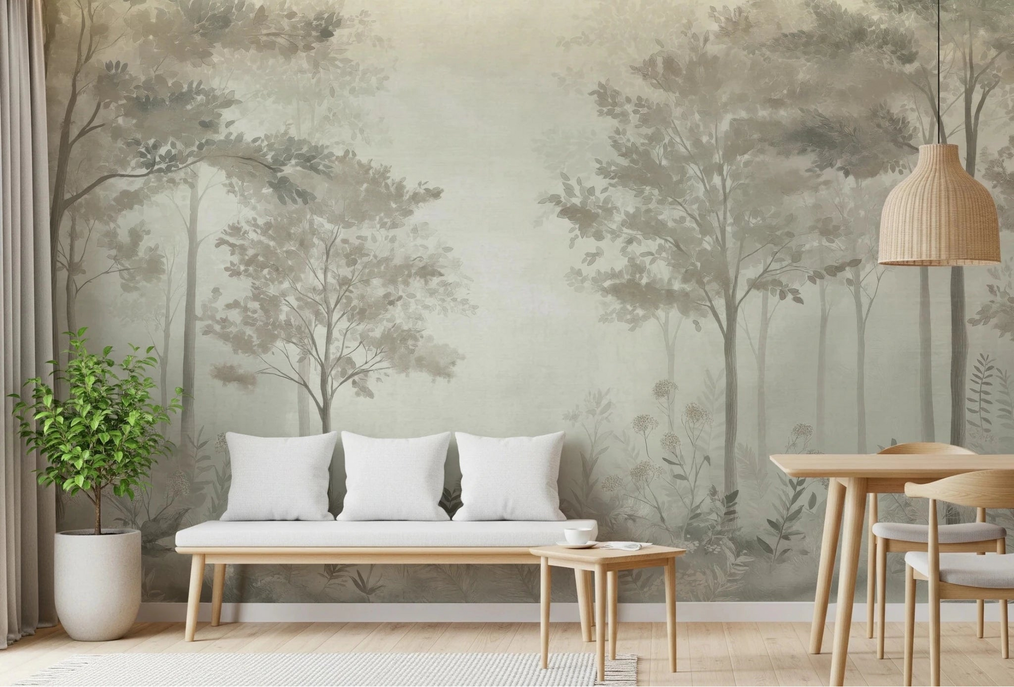 Calm living room styled with Scandinavian forest wall mural and soft neutral tones, GD8313