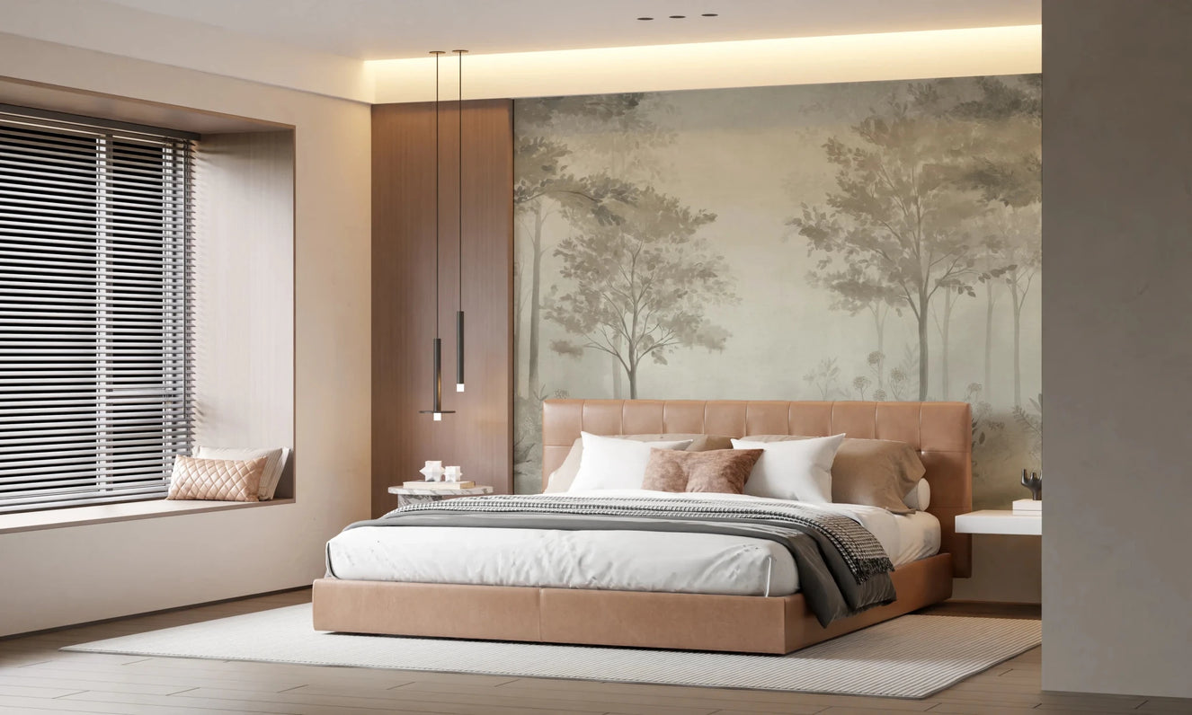 Cozy bedroom featuring misty woodland wall mural with warm minimal interiors
