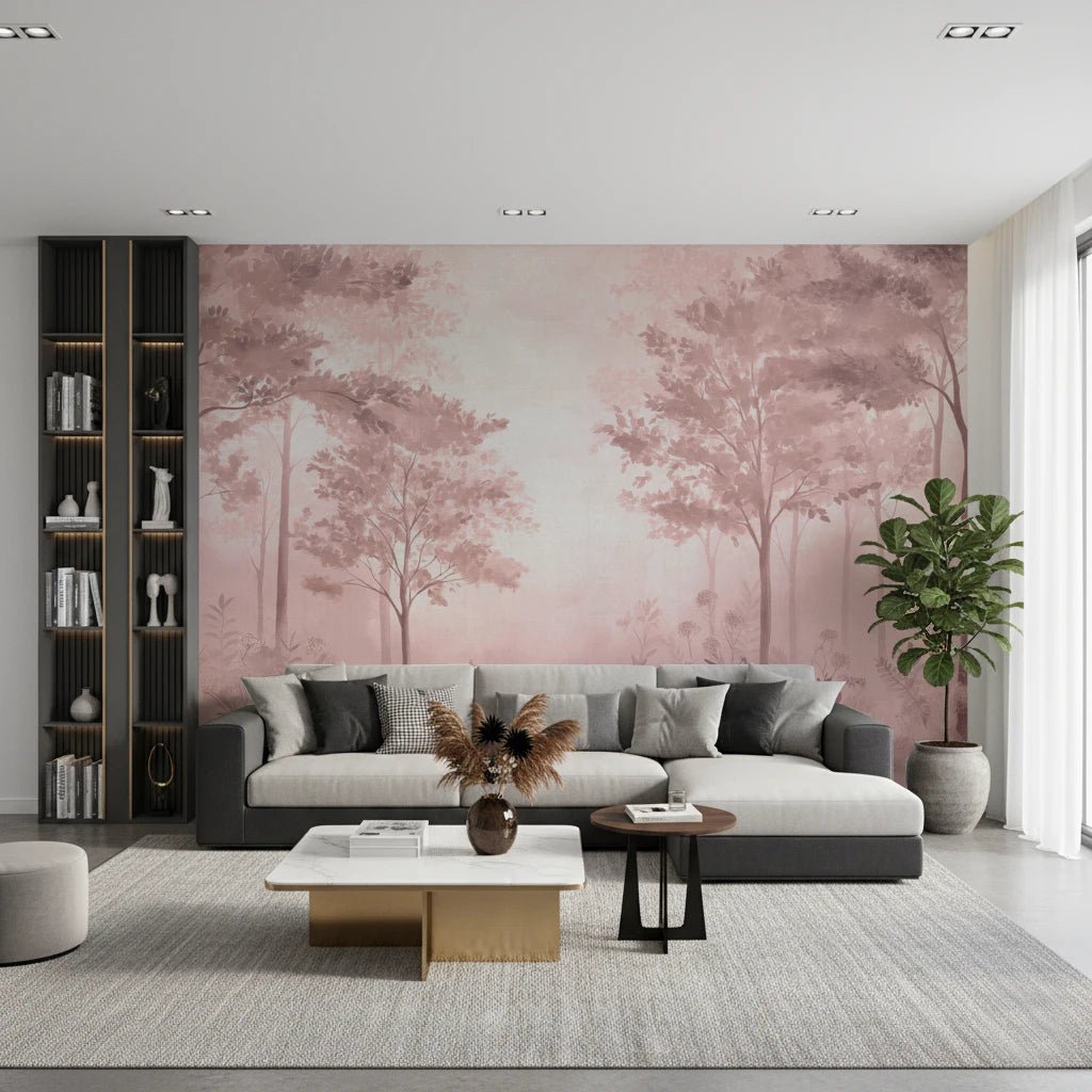 Scandinavian style forest wallpaper in blush tones