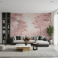 Scandinavian style forest wallpaper in blush tones