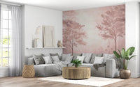 Dreamy forest wall mural in dusty rose shades