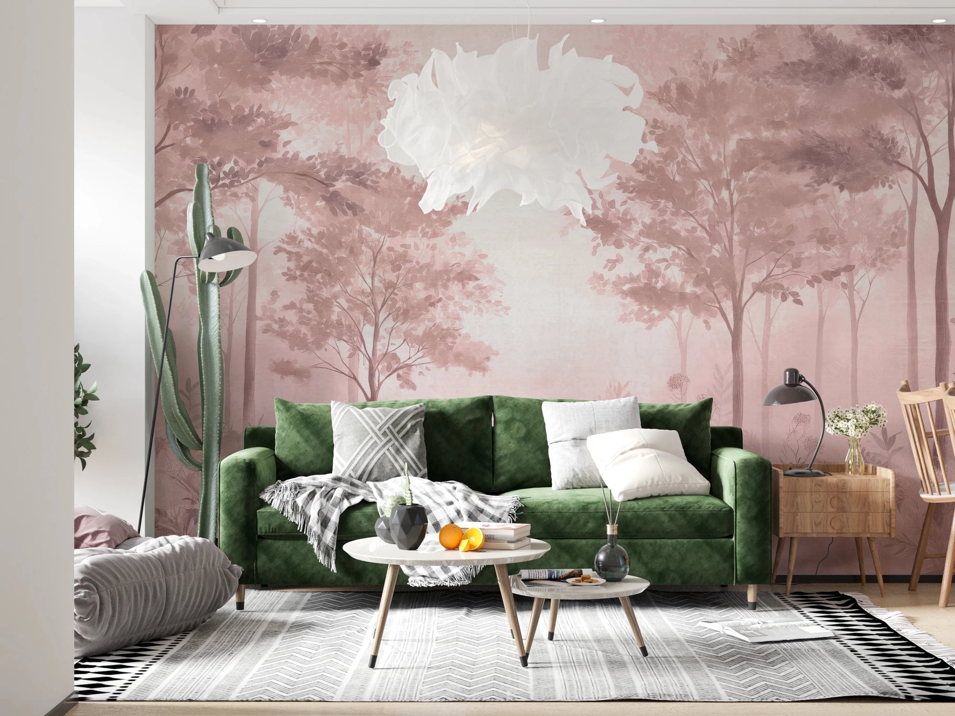 Light pink forest mural for minimalist wall design