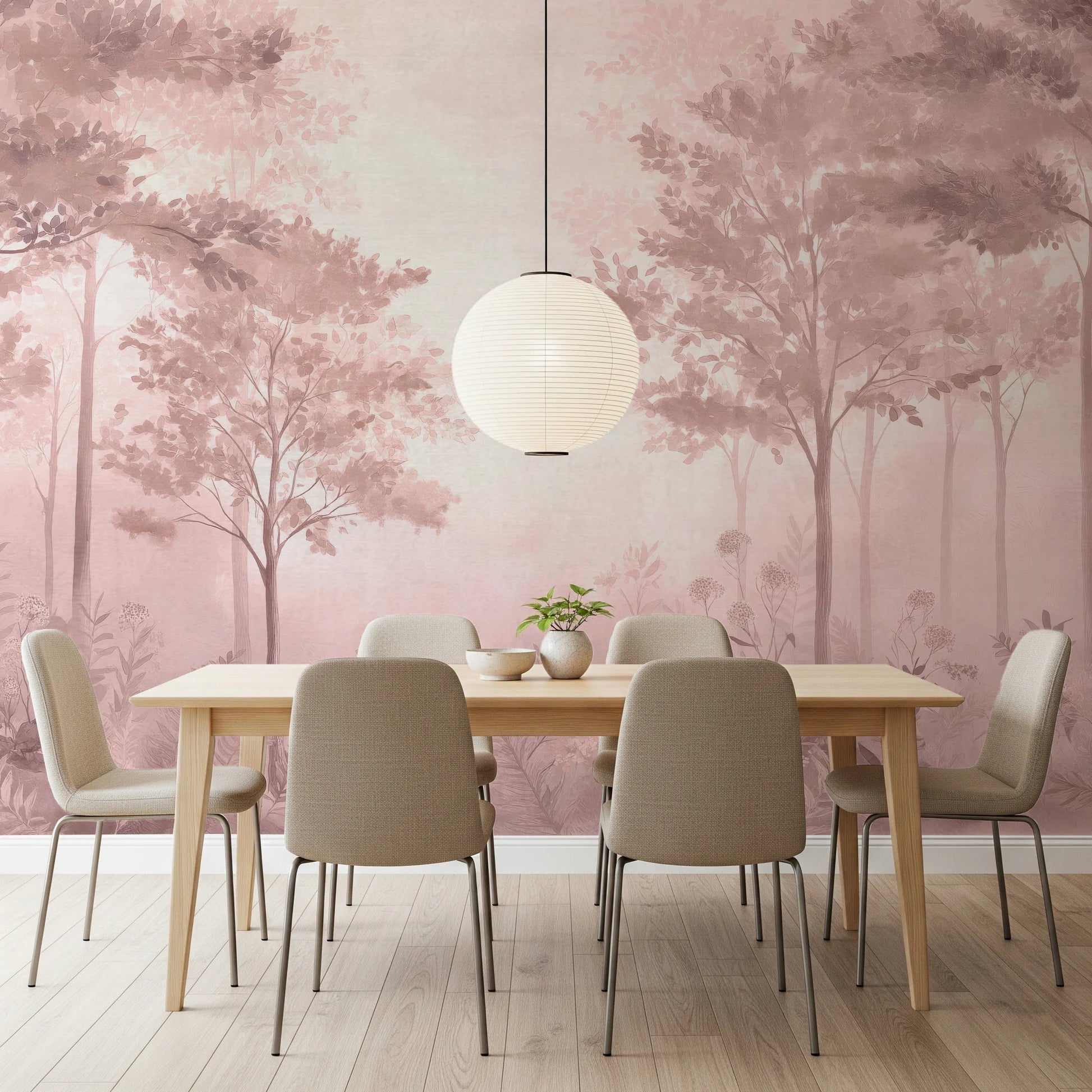 Pink forest wall mural for living room interiors