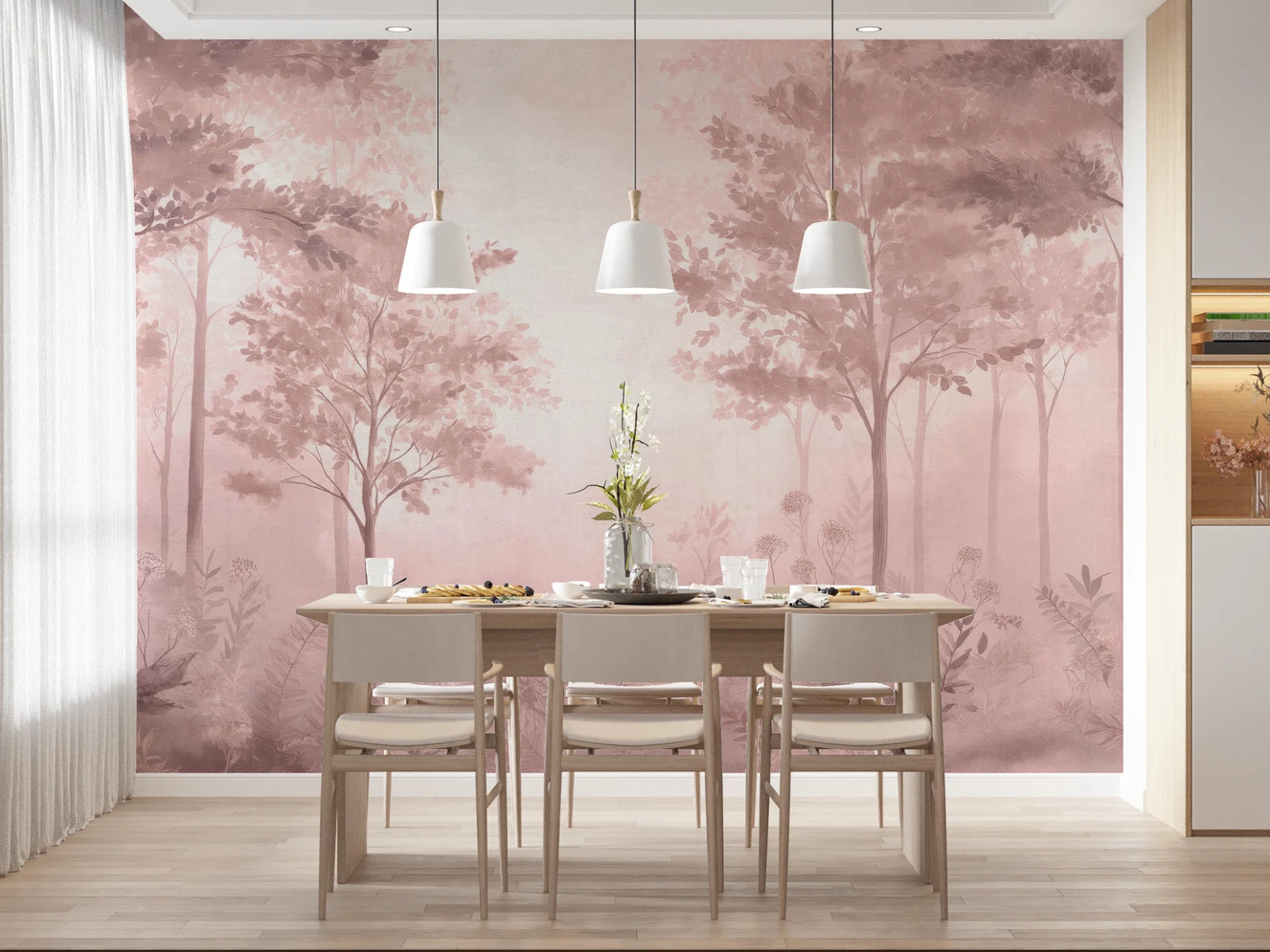 Soft pink forest wallpaper for modern bedroom walls