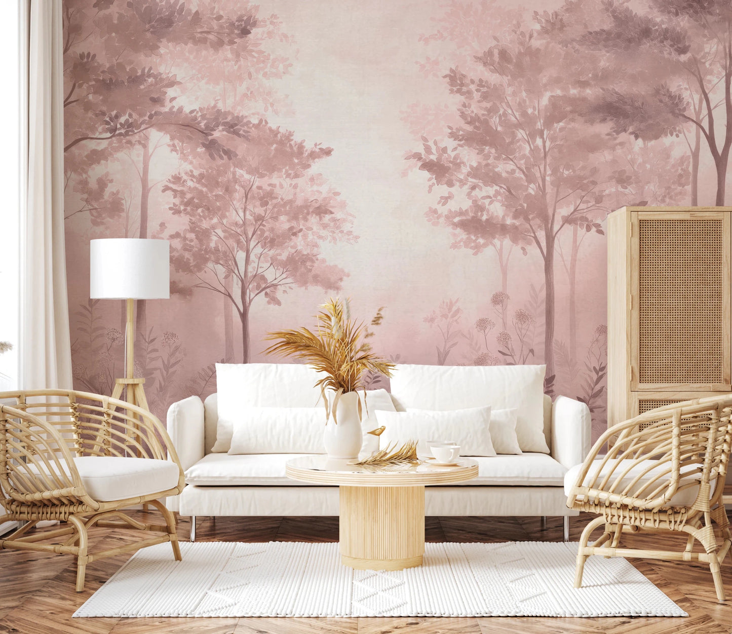 Nature forest mural with soft rose and tree design
