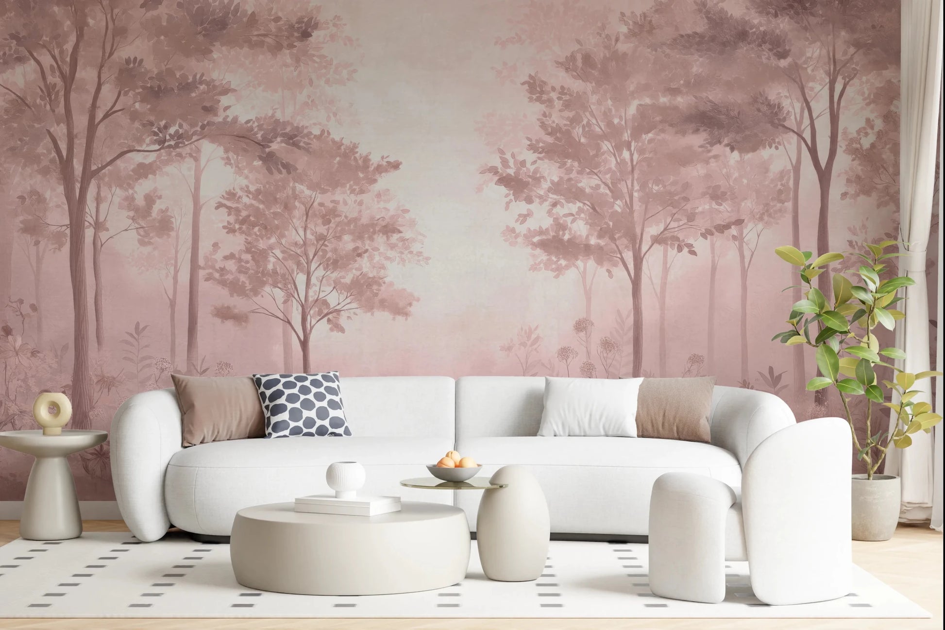Misty forest mural in dusty rose colour theme