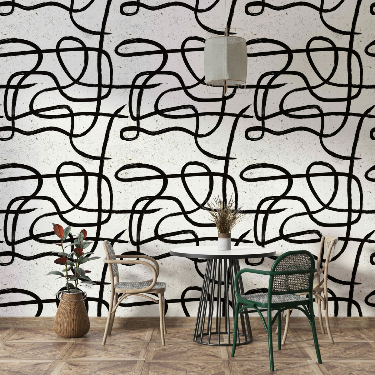 Black marker lines on white Scandinavian Japanese wallpaper, GD1295