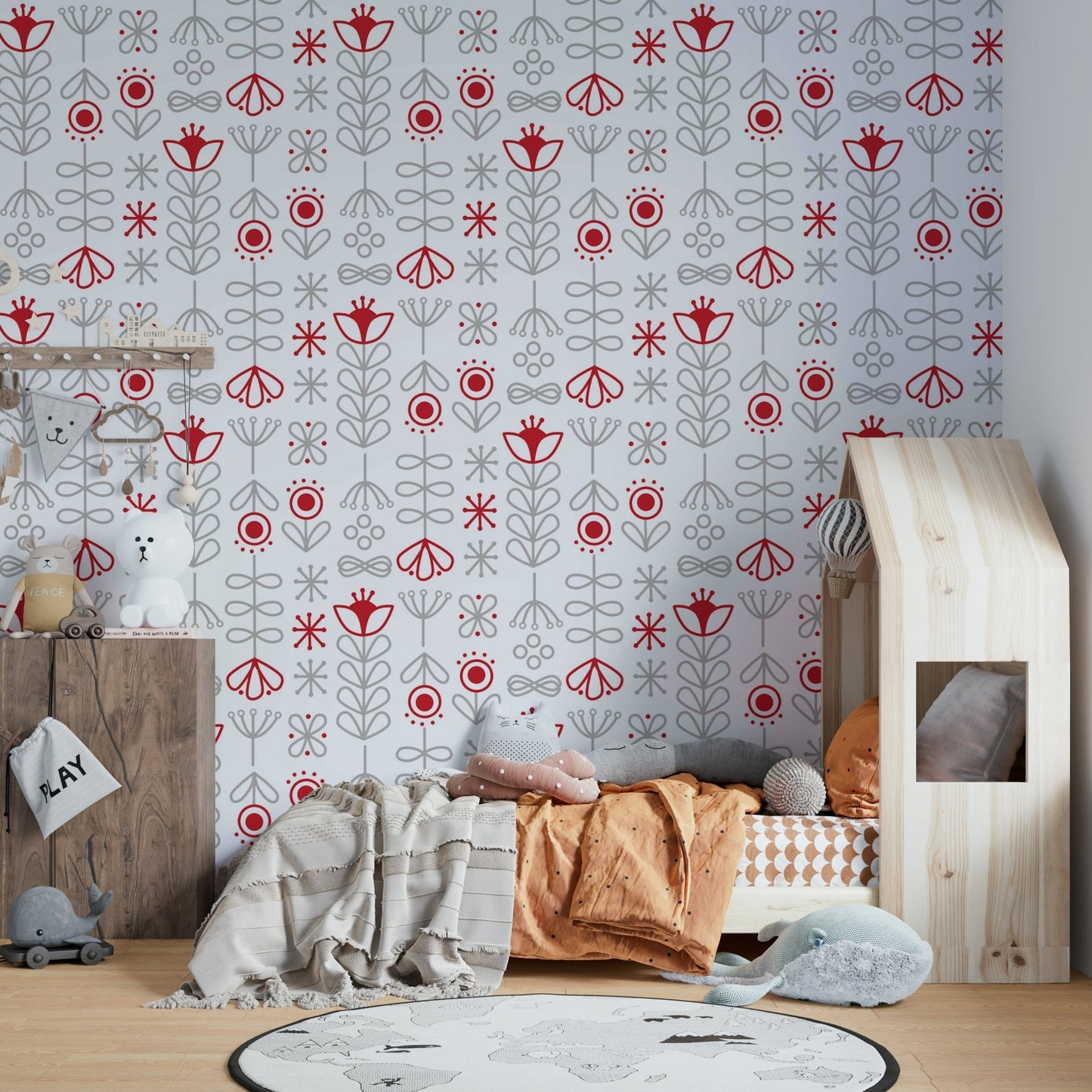 Fresh red & grey floral design in Scandinavian wallpaper


