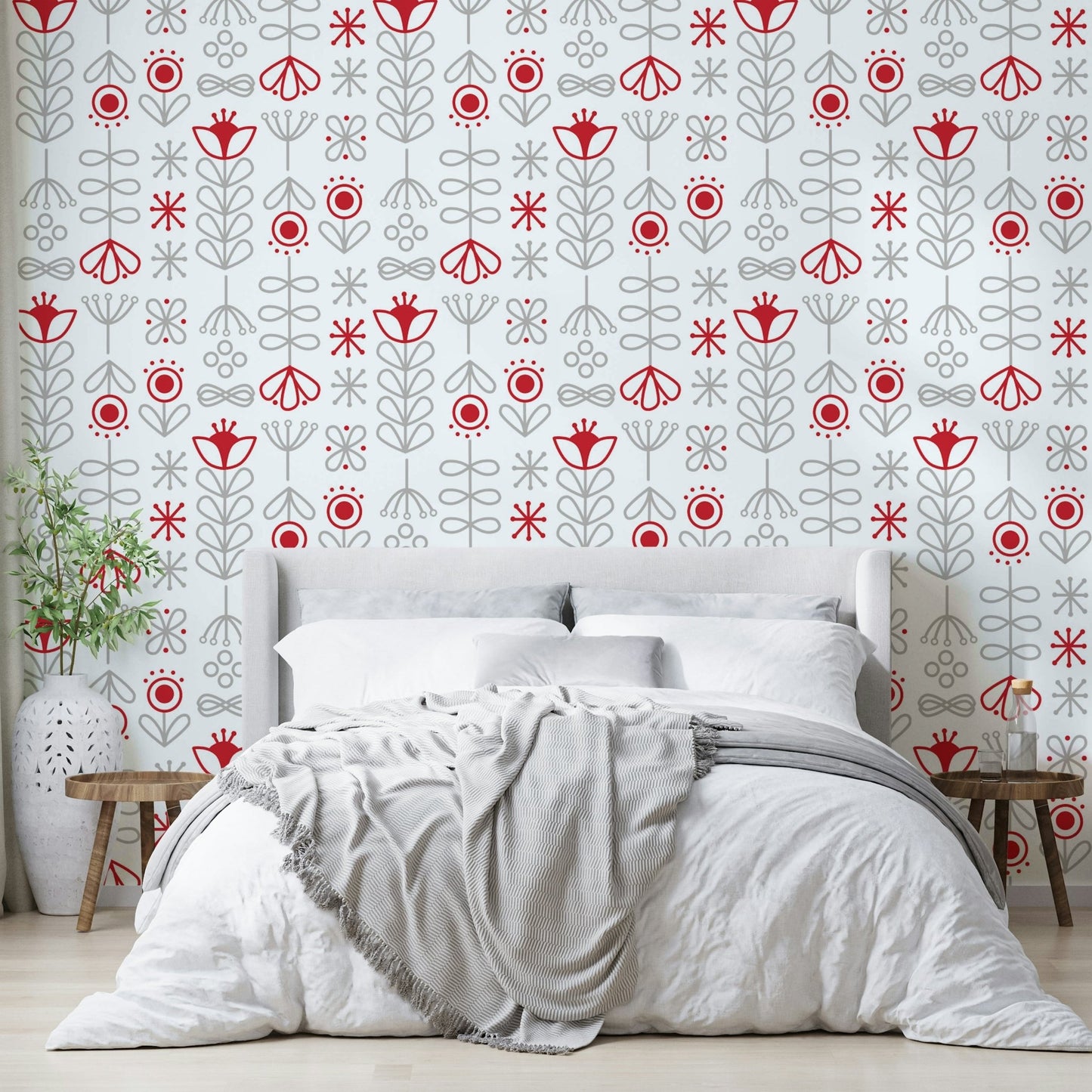 Stunning red-grey Scandinavian flower wallpaper design

