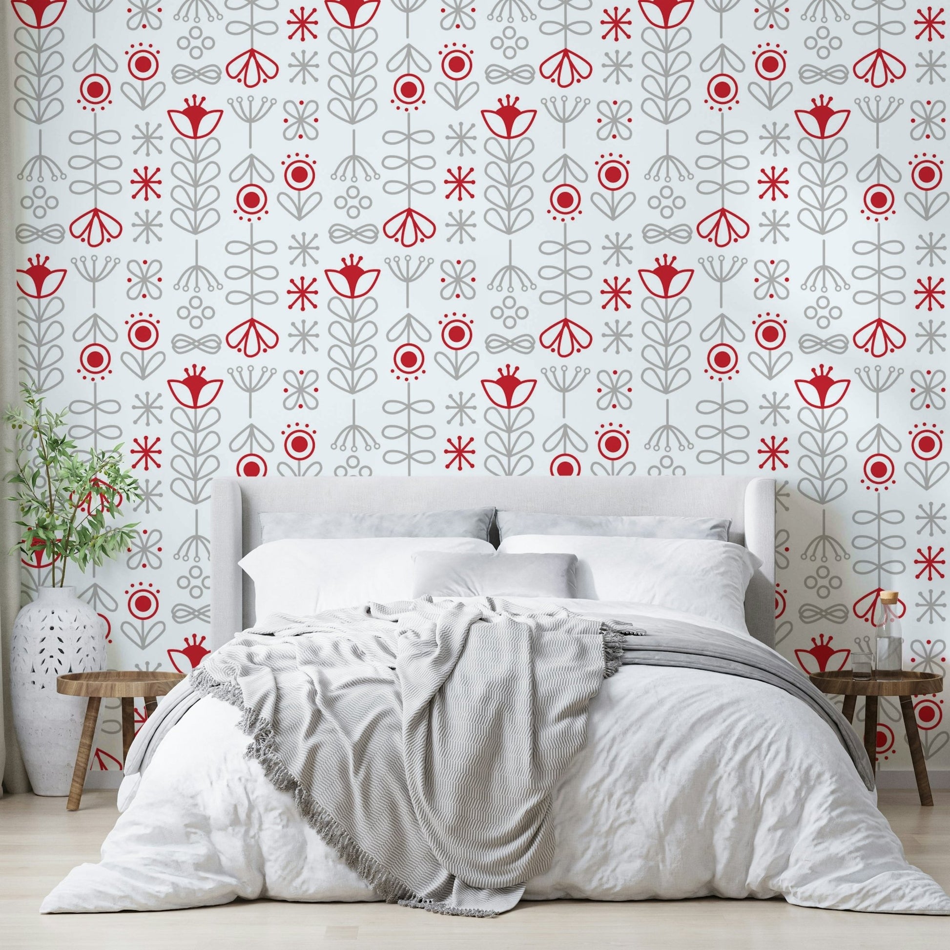 Stunning red-grey Scandinavian flower wallpaper design

