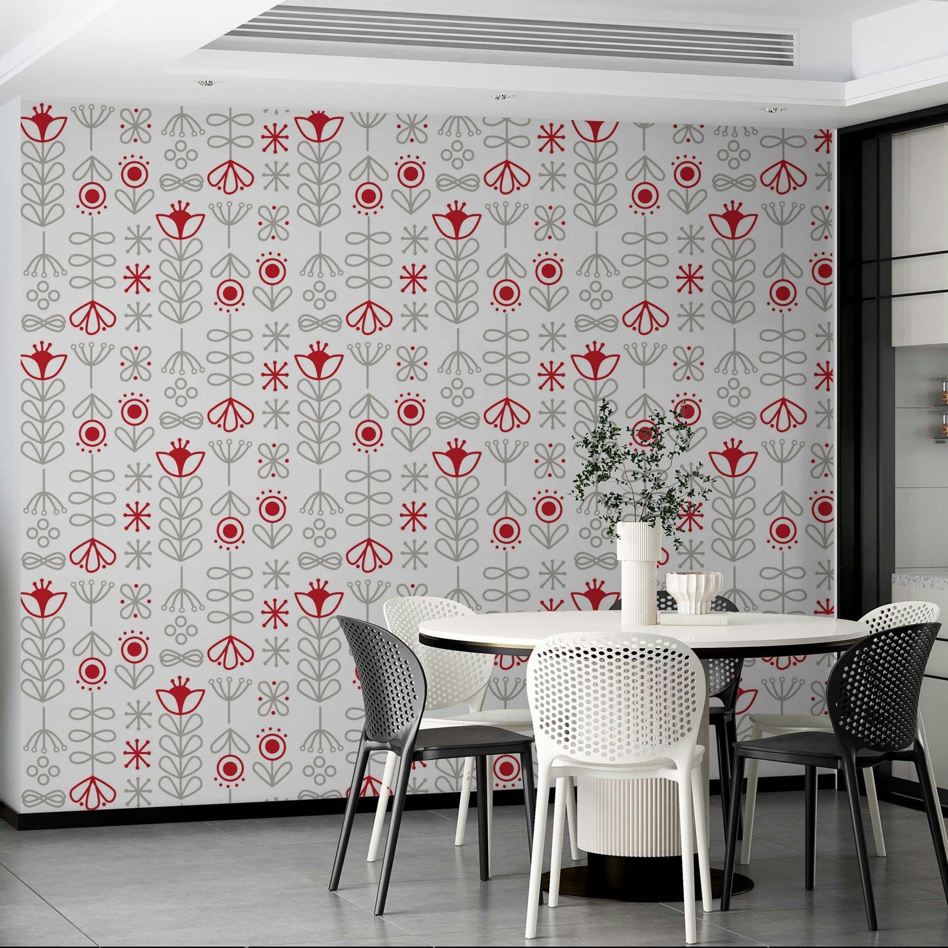 Trendy red & grey Scandinavian floral wallpaper mural


