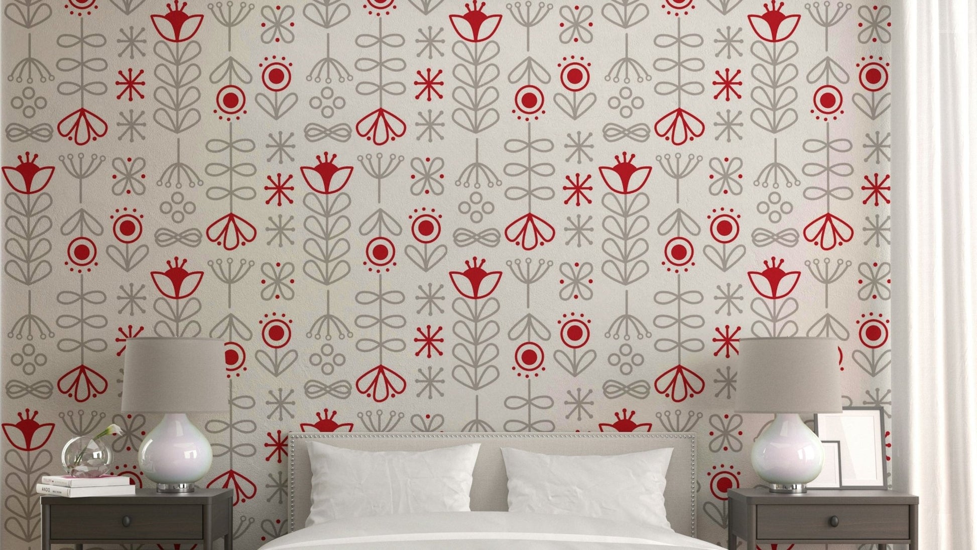 Red & grey bloom wall mural for modern interiors


