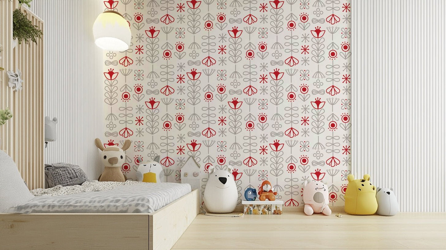 Elegant red and grey floral Scandinavian wallpaper design

