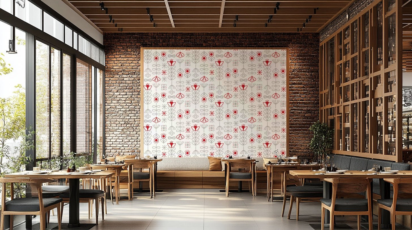 Scandinavian-inspired red and grey bloom wallpaper

